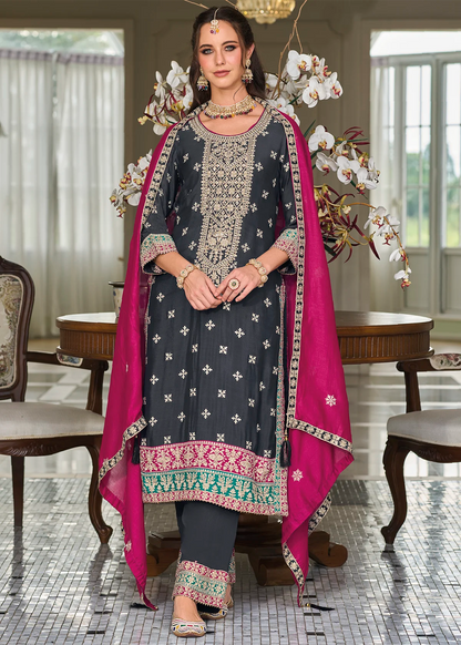 Partywear Dark Blue Silk Suit with Embroidery & Mirror Work