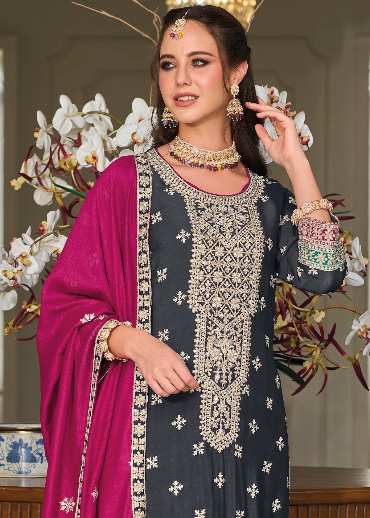 Partywear Dark Blue Silk Suit with Embroidery & Mirror Work