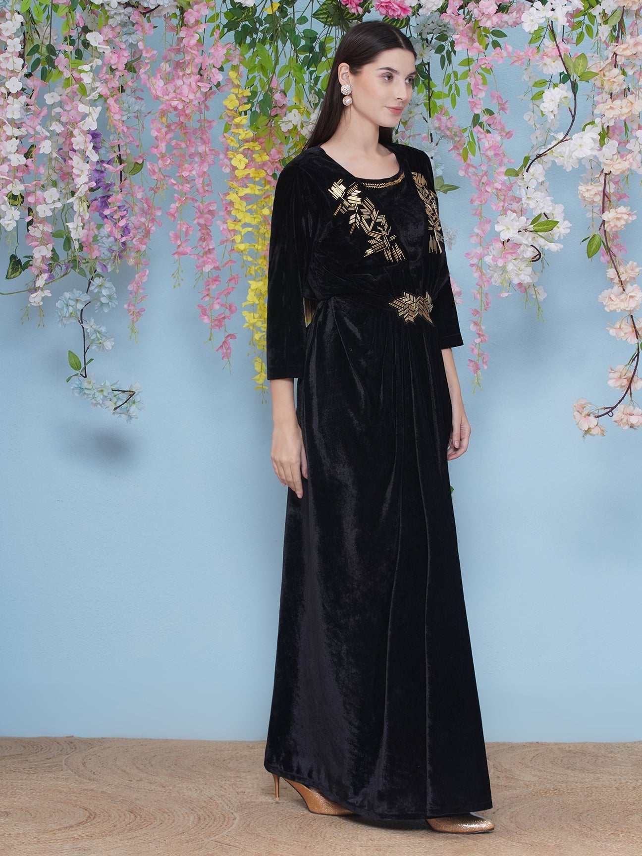 Designer Partywear Black Hand Embellished Velvet Gown with inner