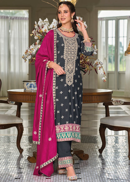 Partywear Dark Blue Silk Suit with Embroidery & Mirror Work