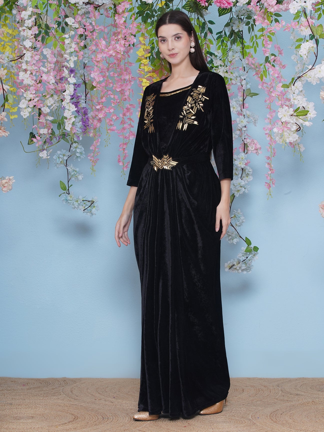 Designer Partywear Black Hand Embellished Velvet Gown with inner