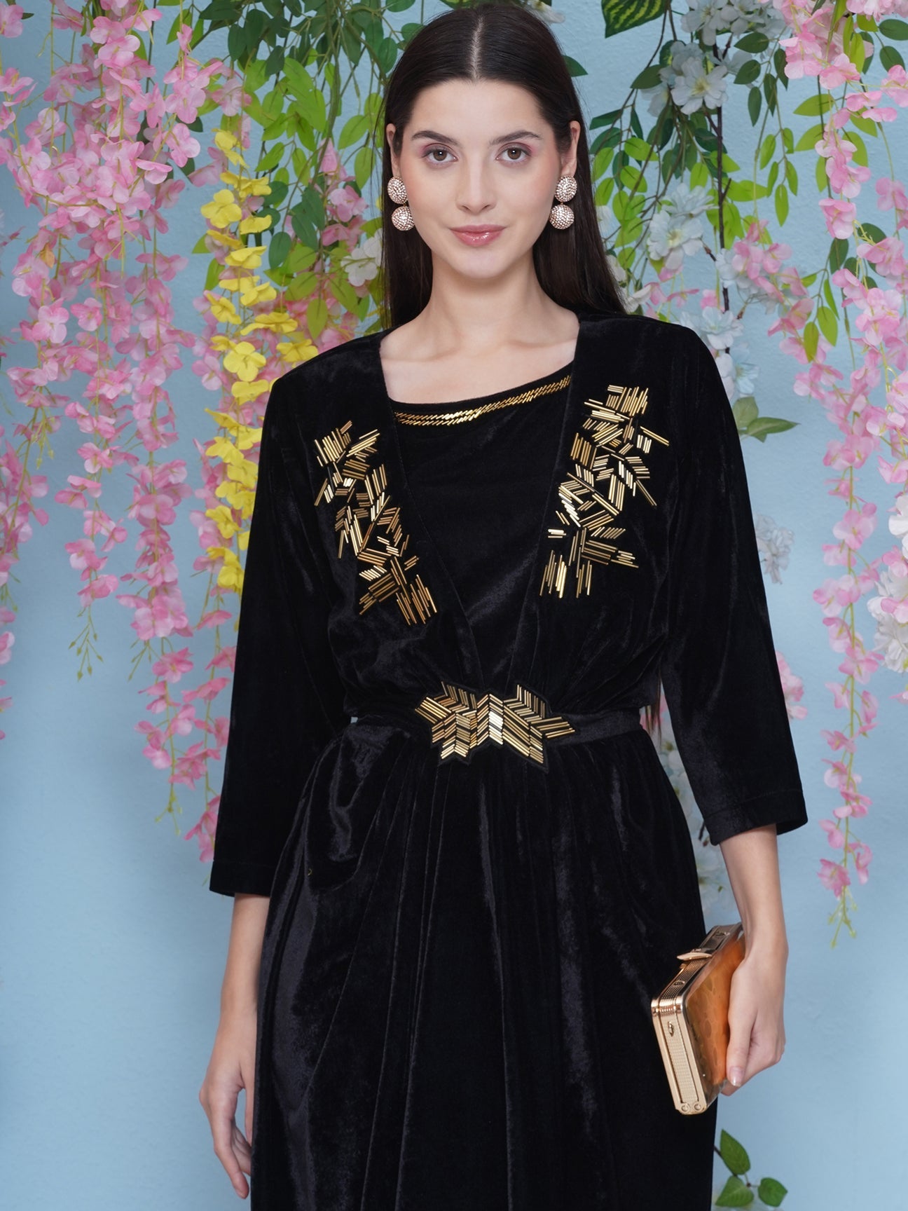 Designer Partywear Black Hand Embellished Velvet Gown with inner