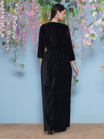 Designer Partywear Black Hand Embellished Velvet Gown with inner