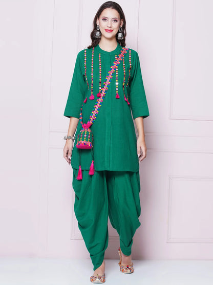 Green Mirror Embroidered Kurta with Salwaar And Potli Sling