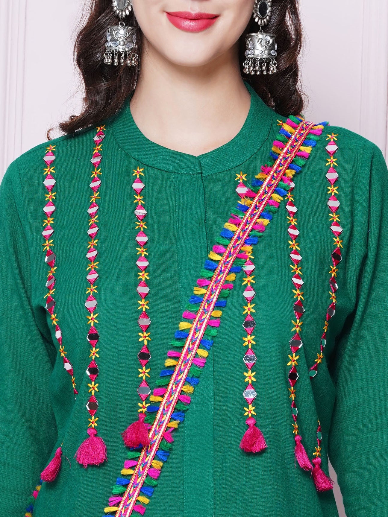 Green Mirror Embroidered Kurta with Salwaar And Potli Sling