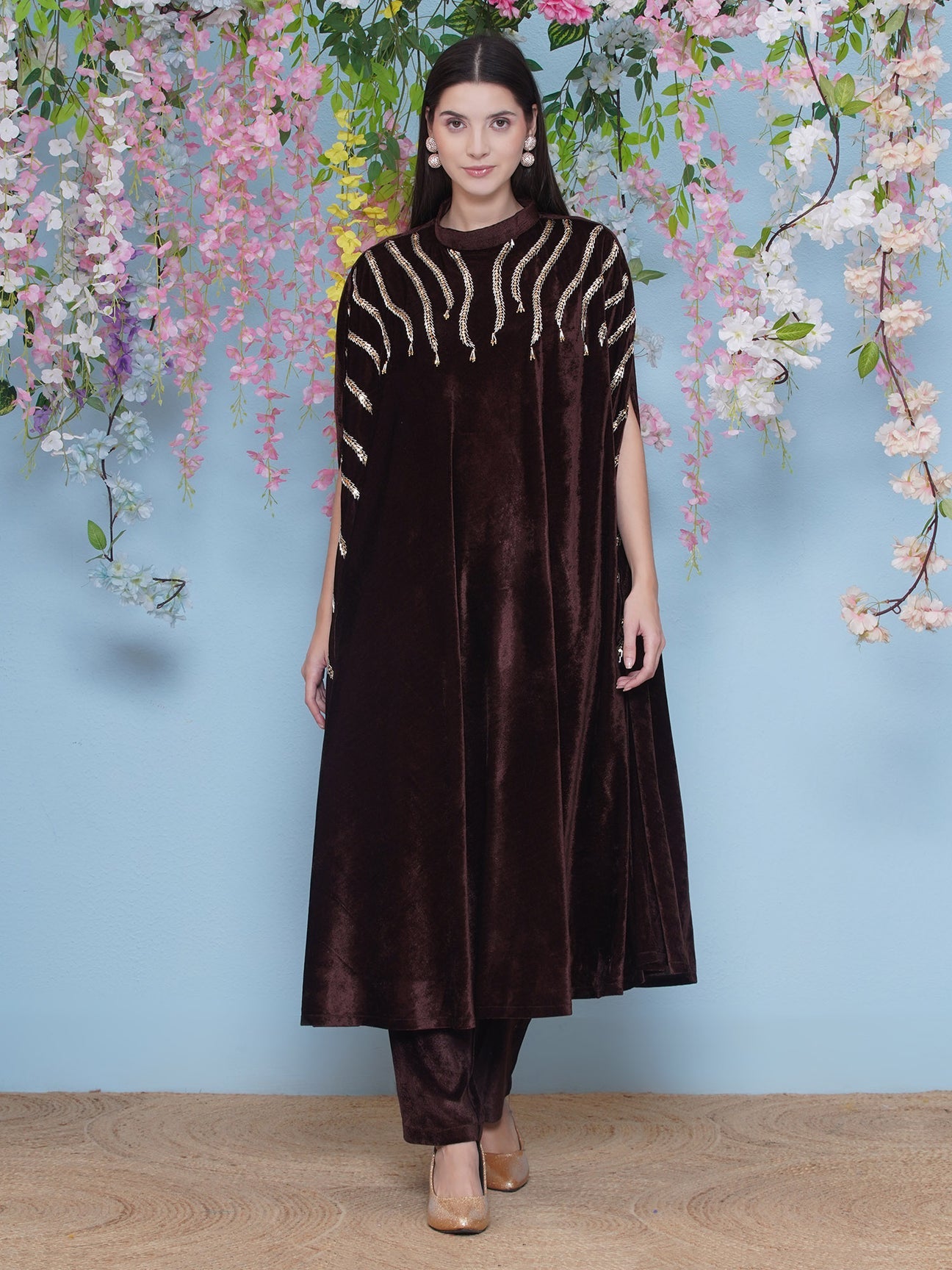 Designer Partywear Brown Velvet Hand Embellished Long Kurta and Pant