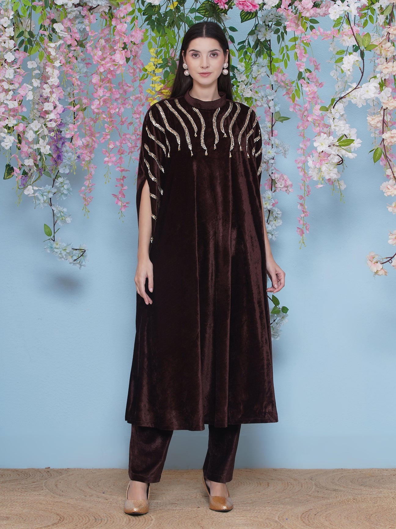Designer Partywear Brown Velvet Hand Embellished Long Kurta and Pant
