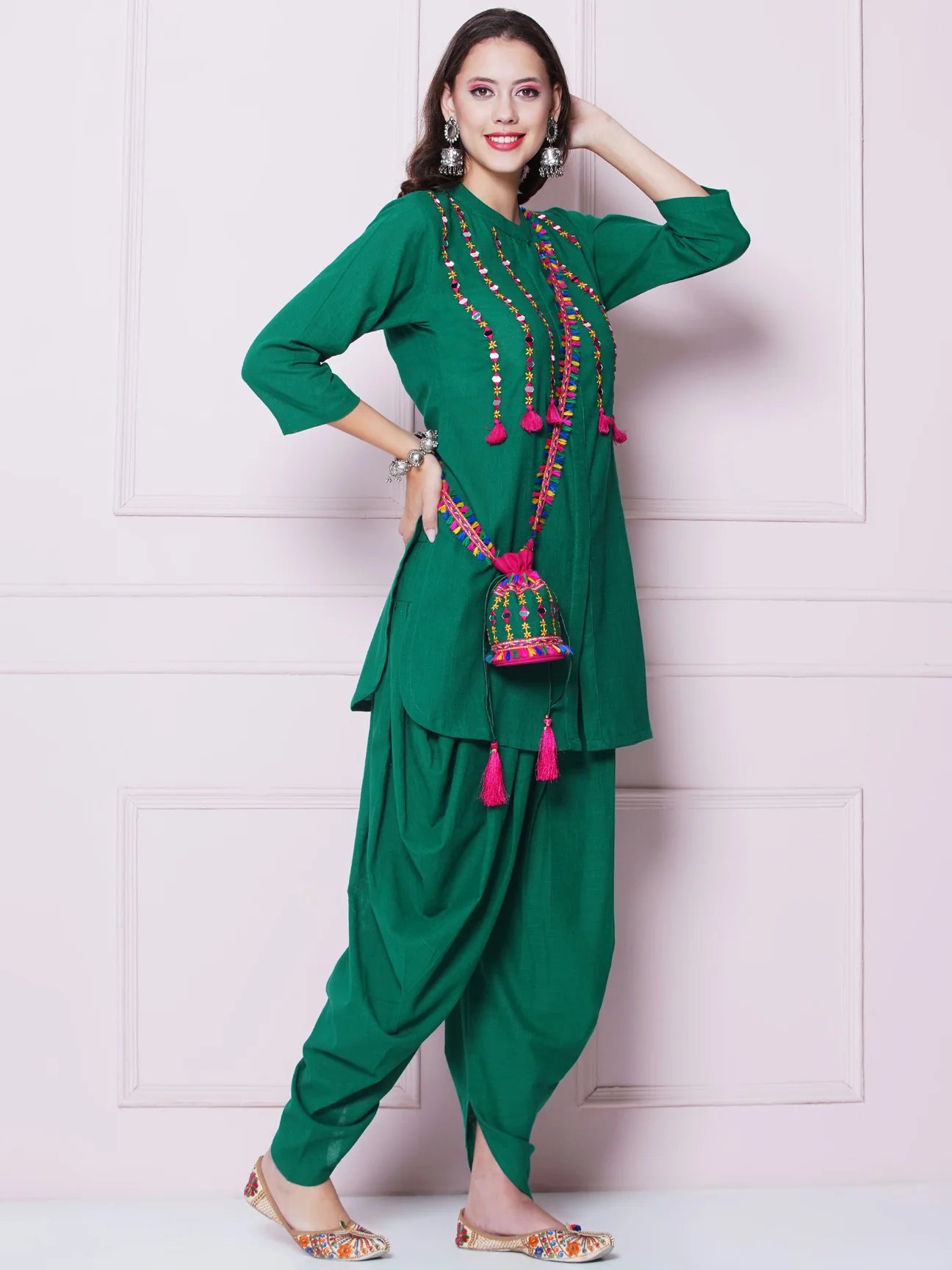 Green Mirror Embroidered Kurta with Salwaar And Potli Sling