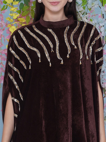 Designer Partywear Brown Velvet Hand Embellished Long Kurta and Pant