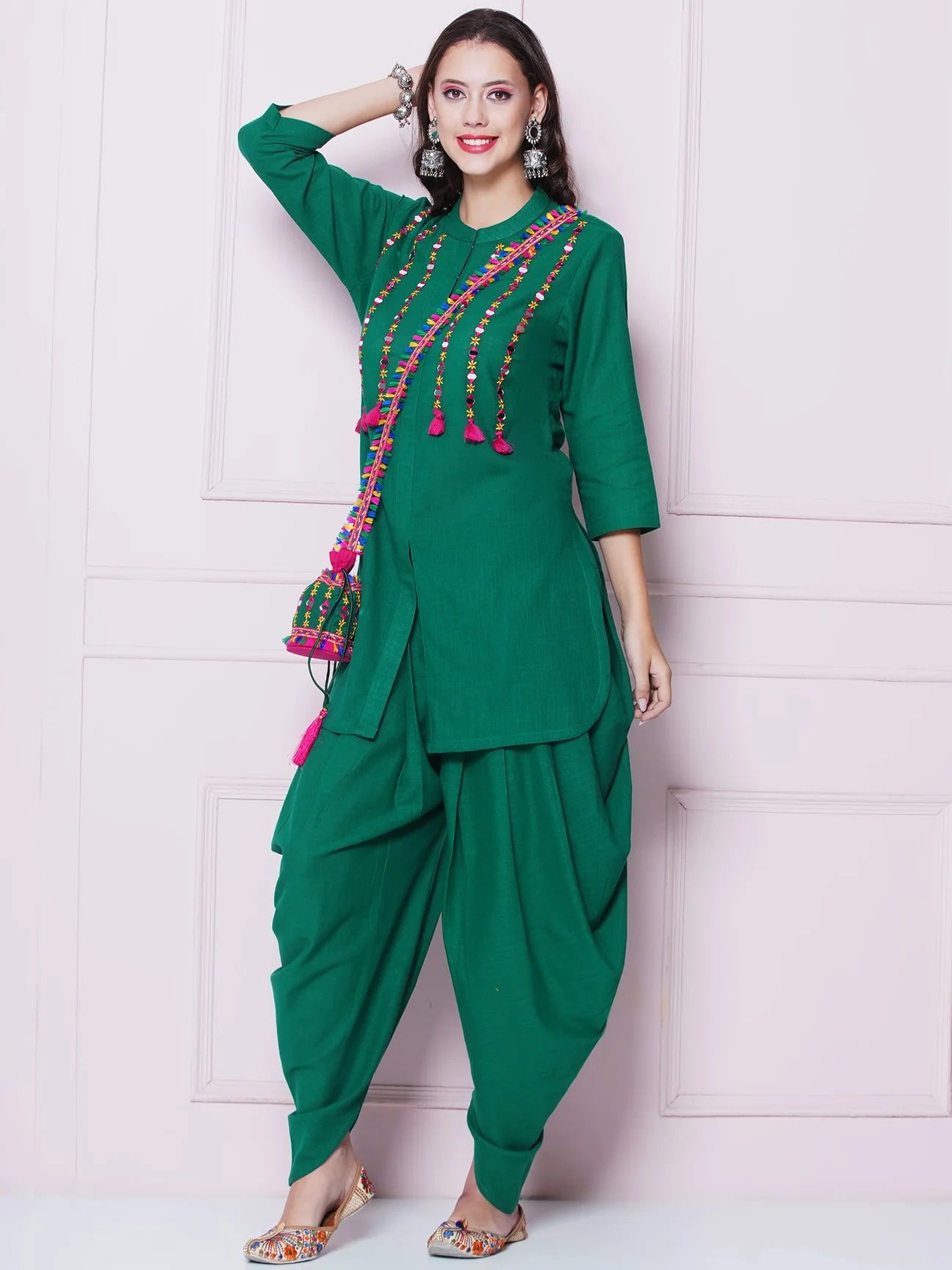 Green Mirror Embroidered Kurta with Salwaar And Potli Sling