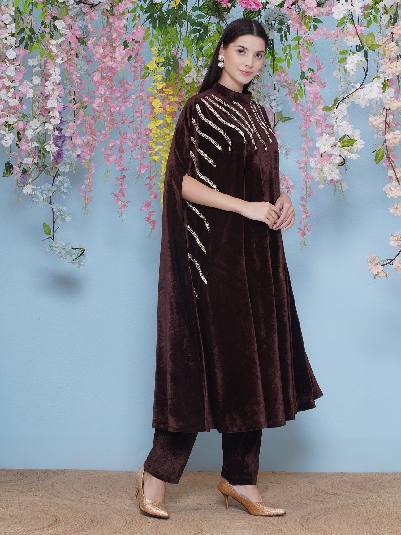 Designer Partywear Brown Velvet Hand Embellished Long Kurta and Pant