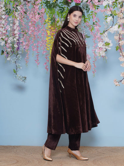 Designer Partywear Brown Velvet Hand Embellished Long Kurta and Pant
