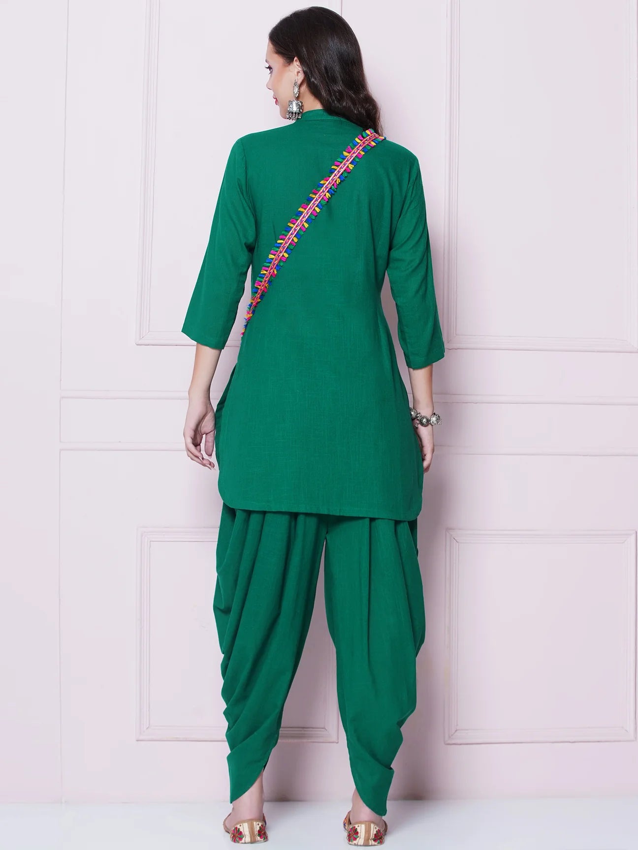 Green Mirror Embroidered Kurta with Salwaar And Potli Sling