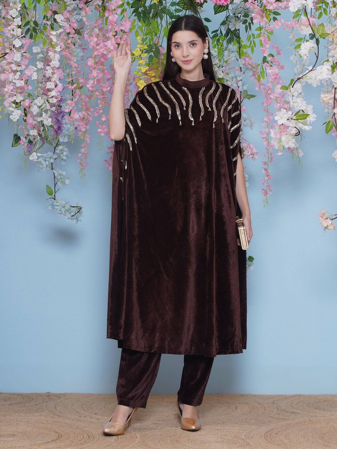 Designer Partywear Brown Velvet Hand Embellished Long Kurta and Pant