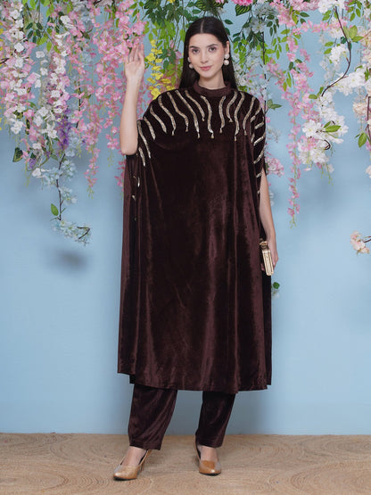 Designer Partywear Brown Velvet Hand Embellished Long Kurta and Pant