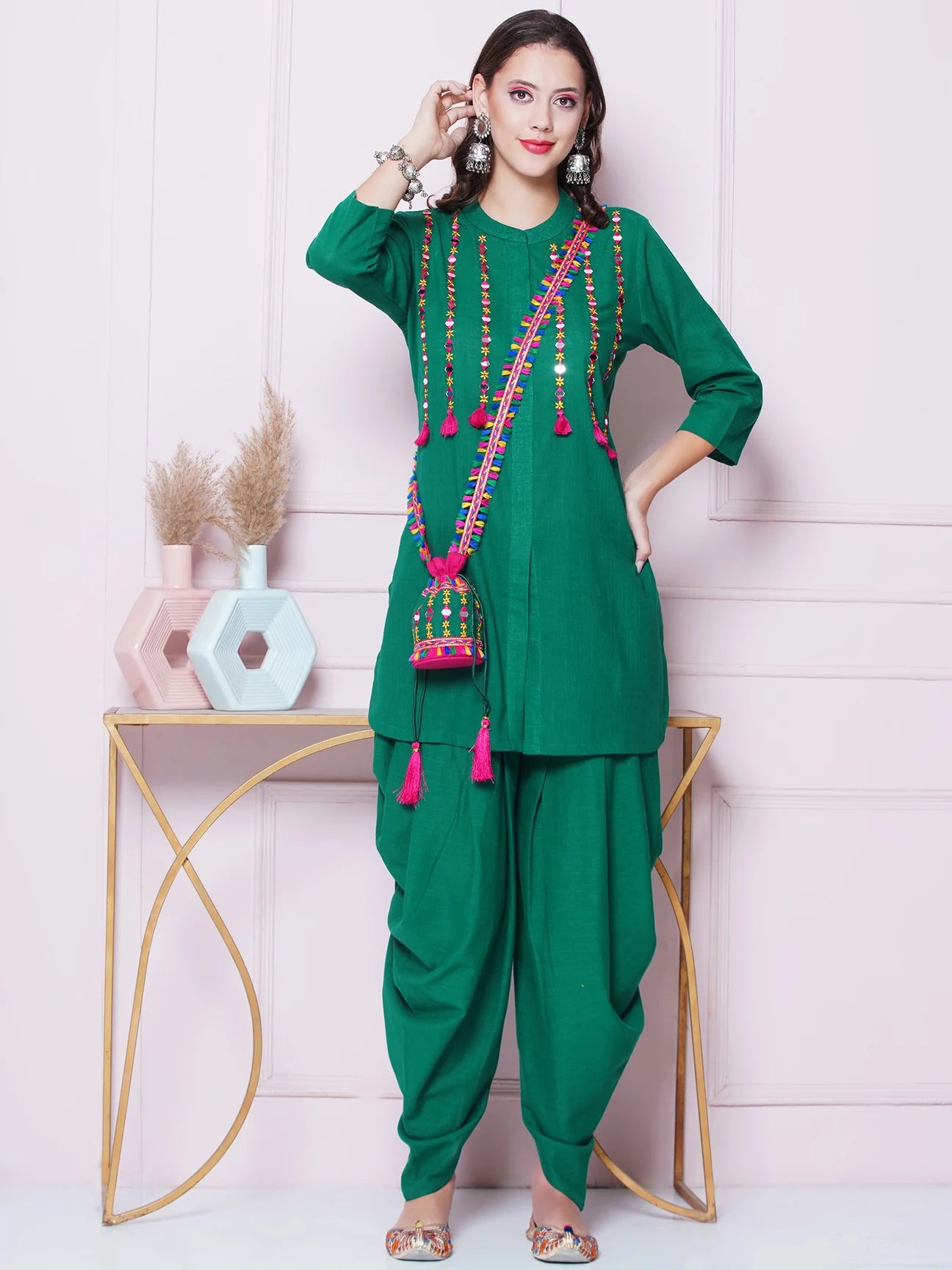 Green Mirror Embroidered Kurta with Salwaar And Potli Sling