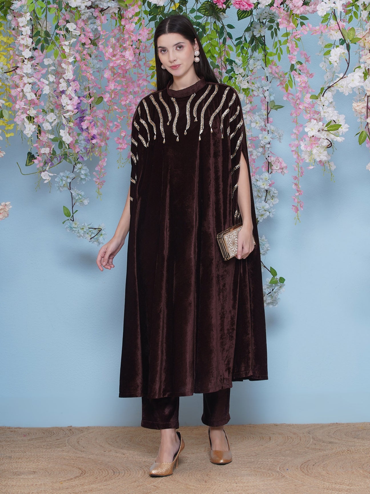 Designer Partywear Brown Velvet Hand Embellished Long Kurta and Pant