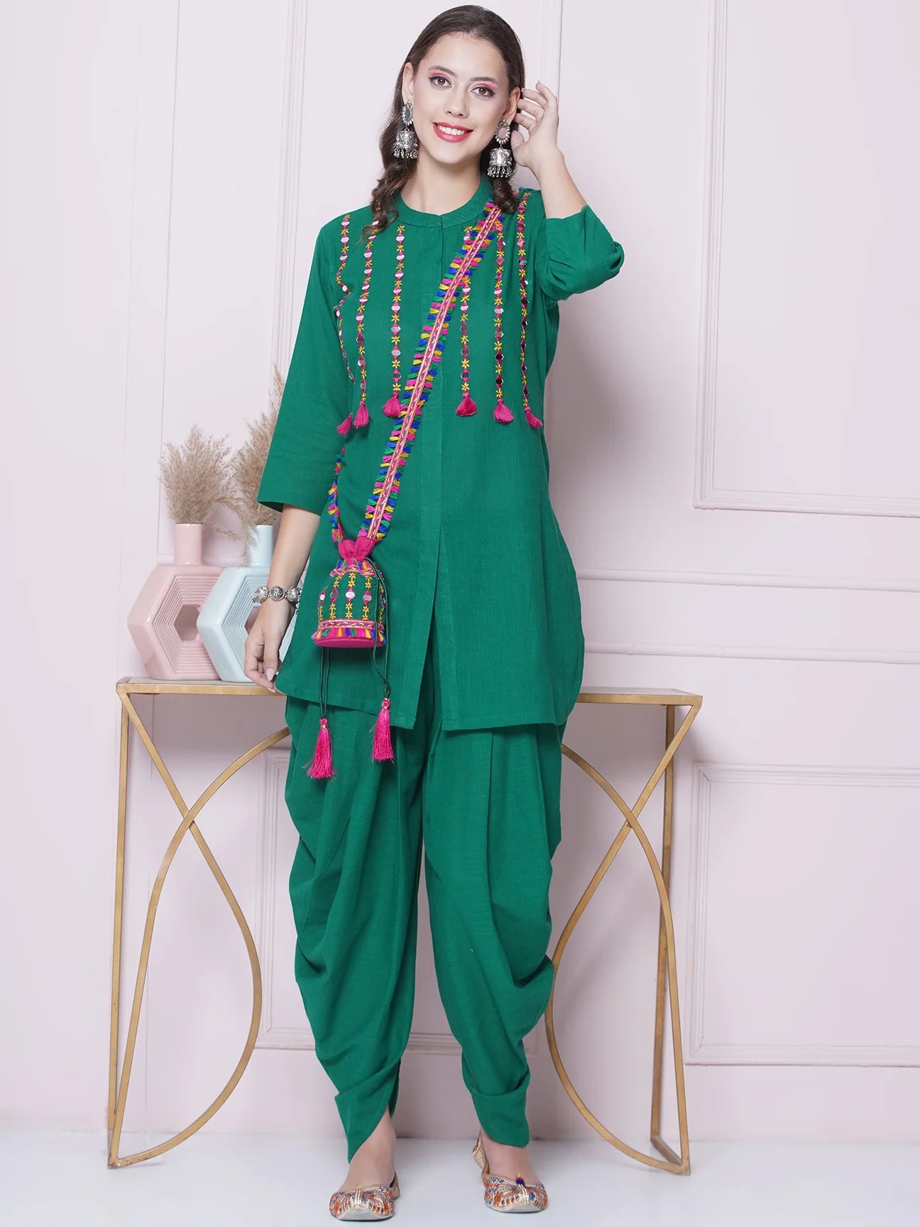 Green Mirror Embroidered Kurta with Salwaar And Potli Sling