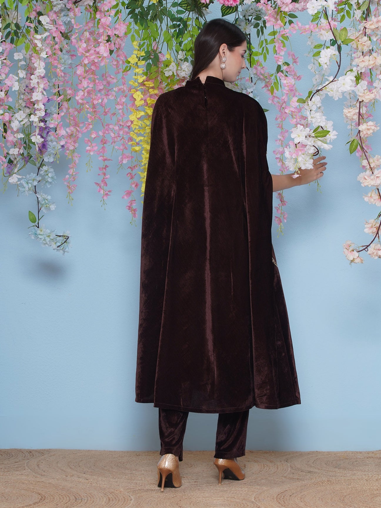 Designer Partywear Brown Velvet Hand Embellished Long Kurta and Pant