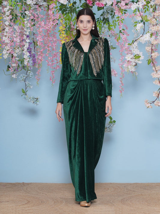 Designer Partywear Green Velvet gown with Hand Embellished Jacket