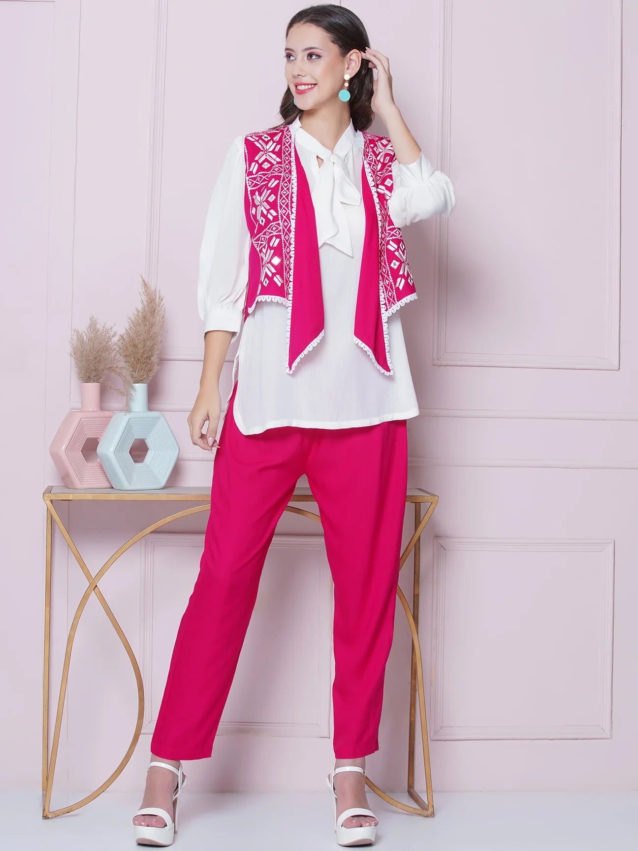 Pink Rayon Slub Embroidered Jacket with shirt and Pant