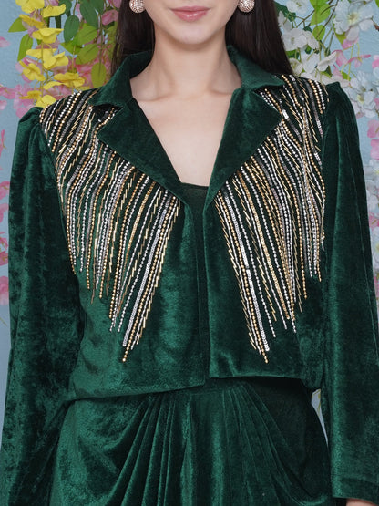 Designer Partywear Green Velvet gown with Hand Embellished Jacket