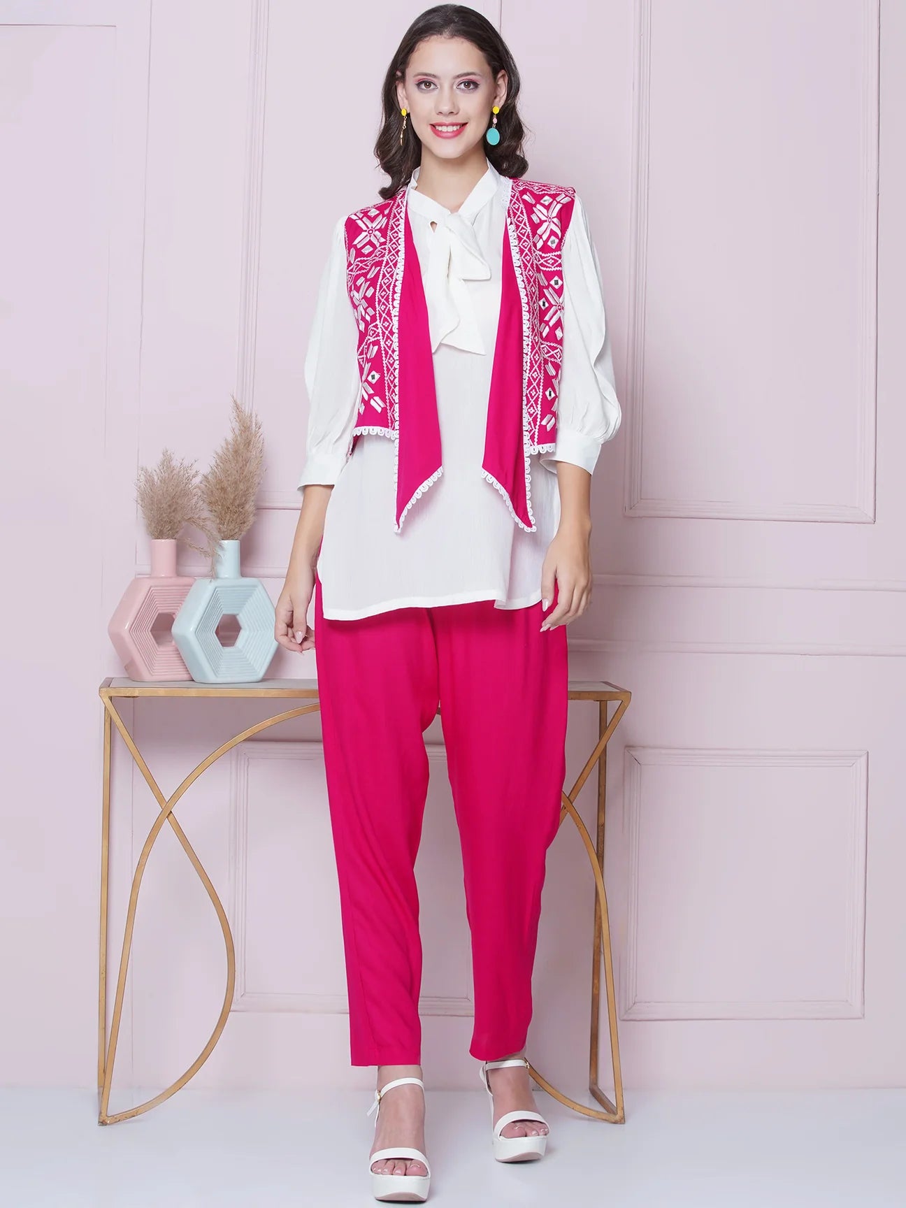 Pink Rayon Slub Embroidered Jacket with shirt and Pant