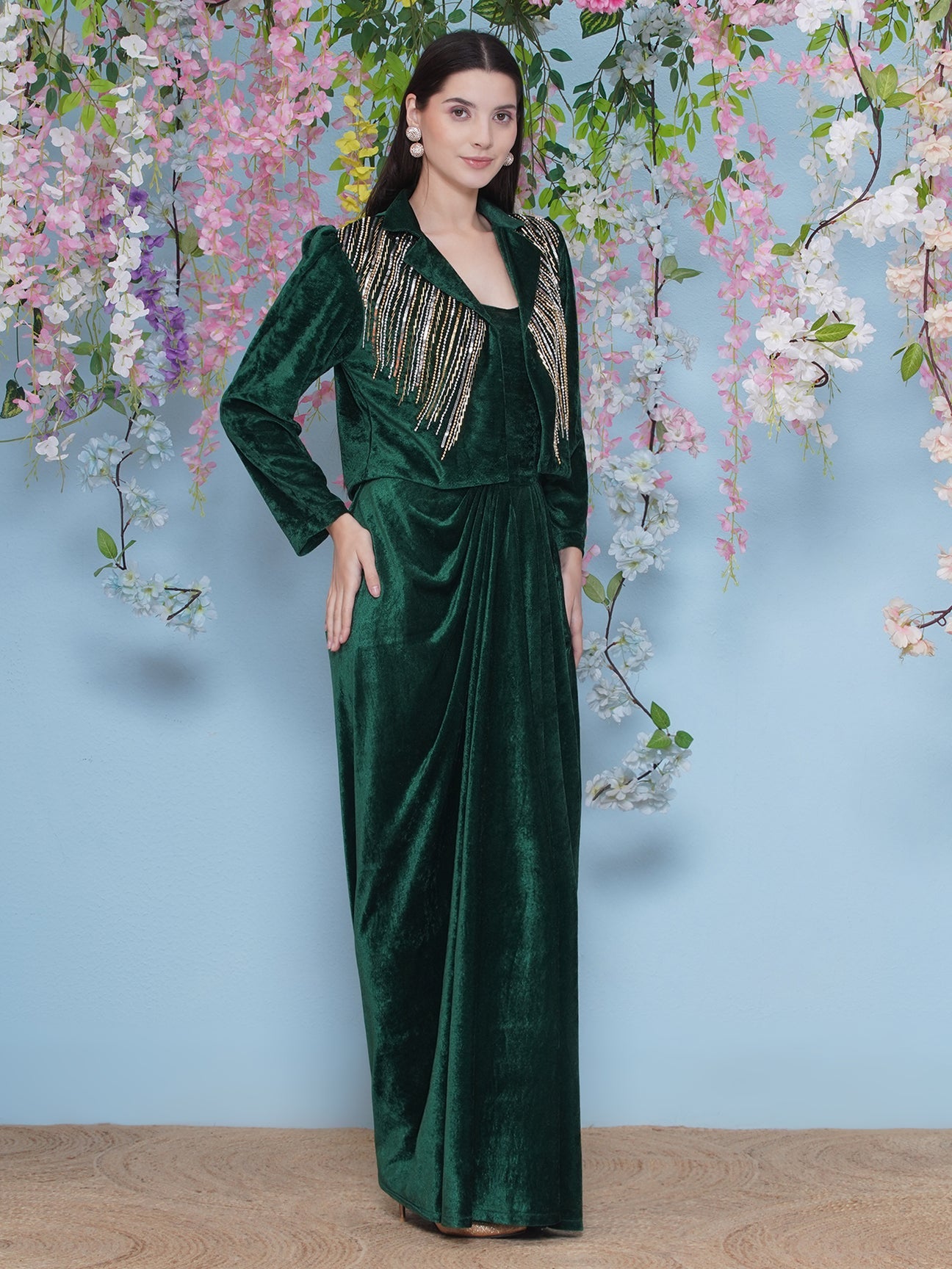 Designer Partywear Green Velvet gown with Hand Embellished Jacket