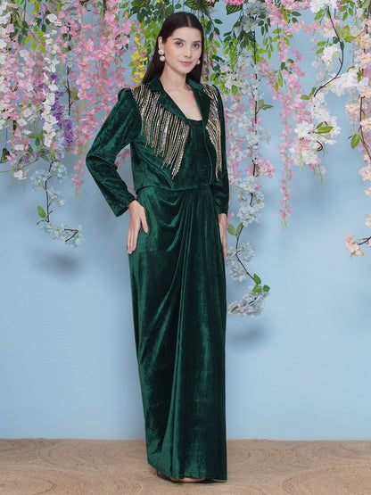 Designer Partywear Green Velvet gown with Hand Embellished Jacket