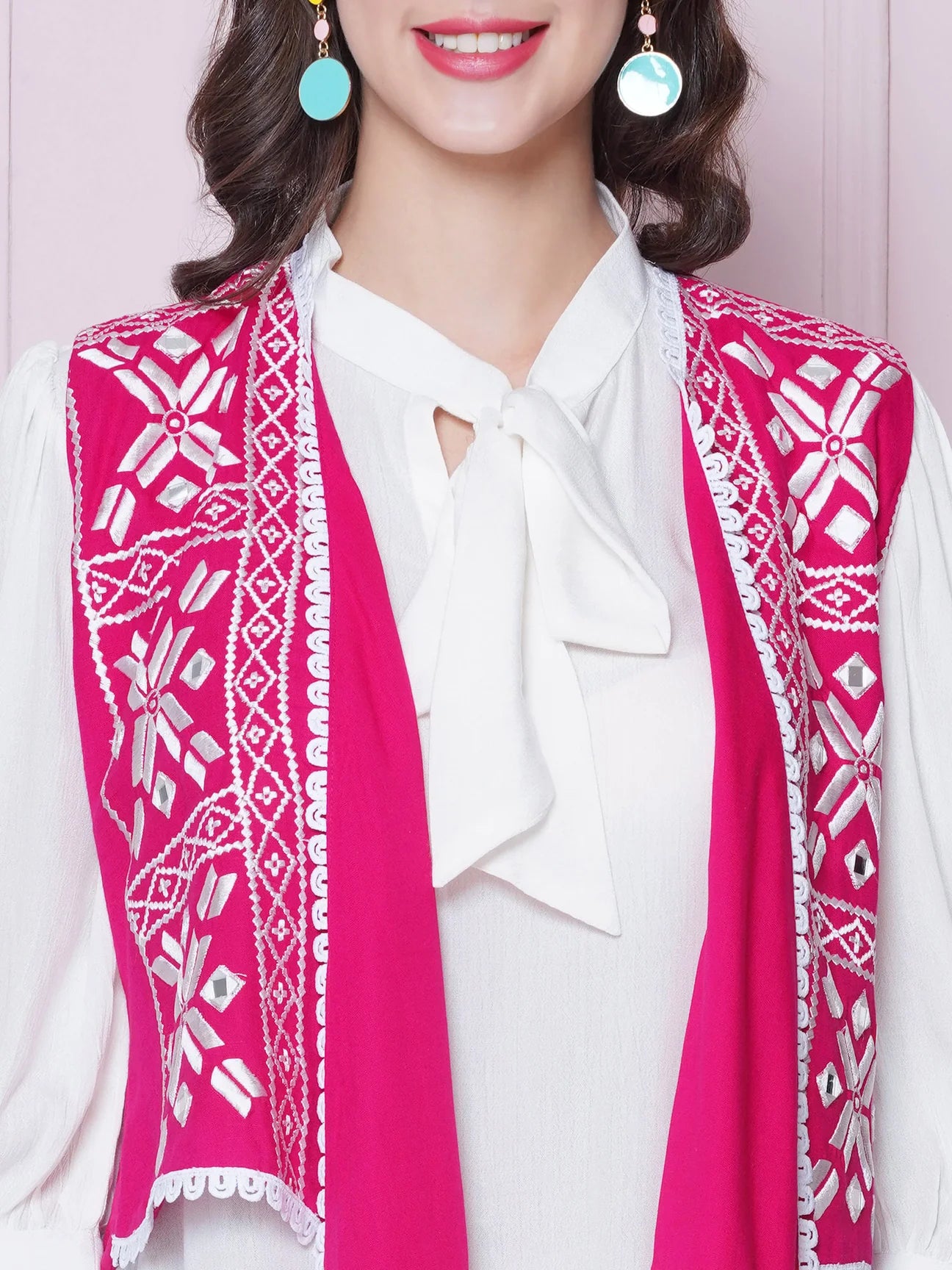 Pink Rayon Slub Embroidered Jacket with shirt and Pant