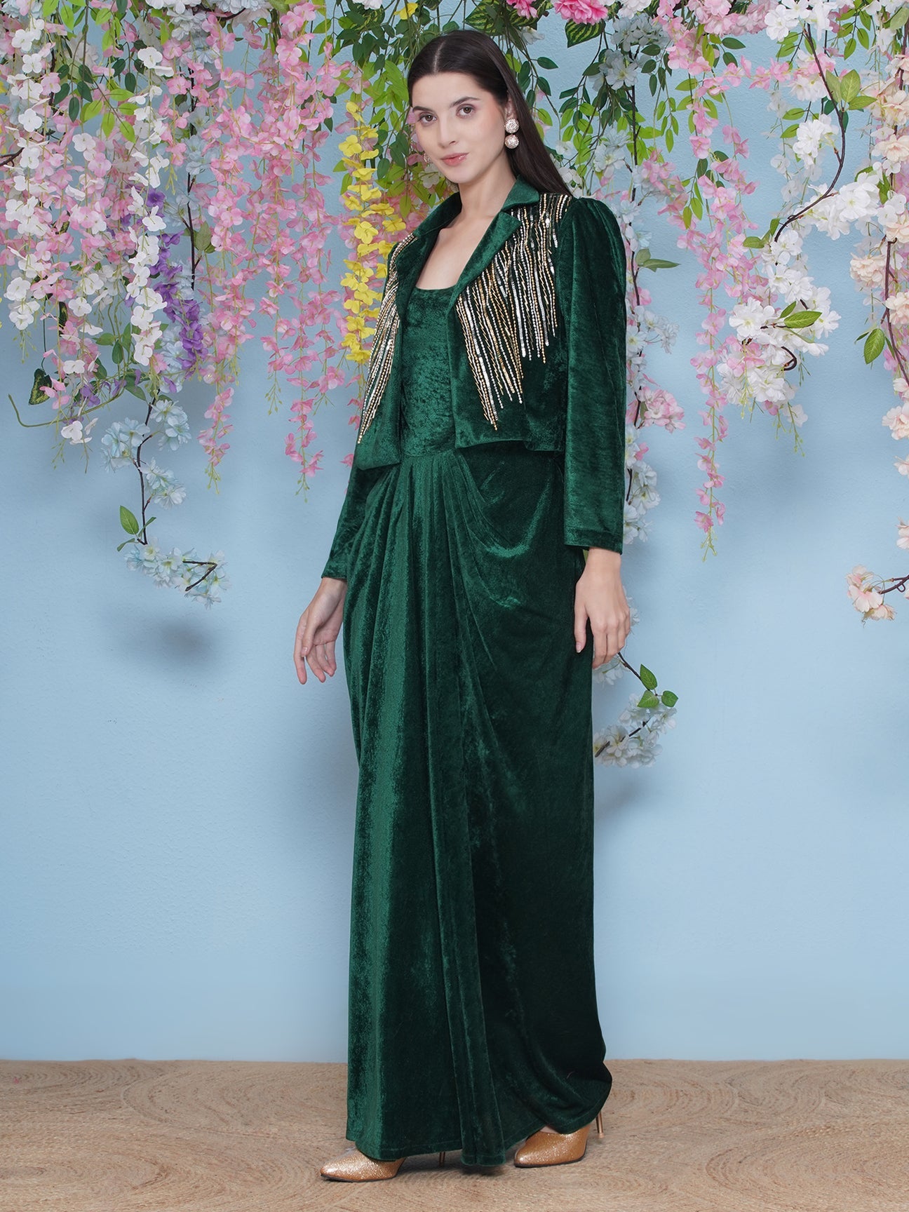 Designer Partywear Green Velvet gown with Hand Embellished Jacket
