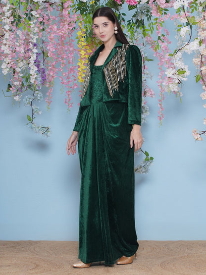 Designer Partywear Green Velvet gown with Hand Embellished Jacket