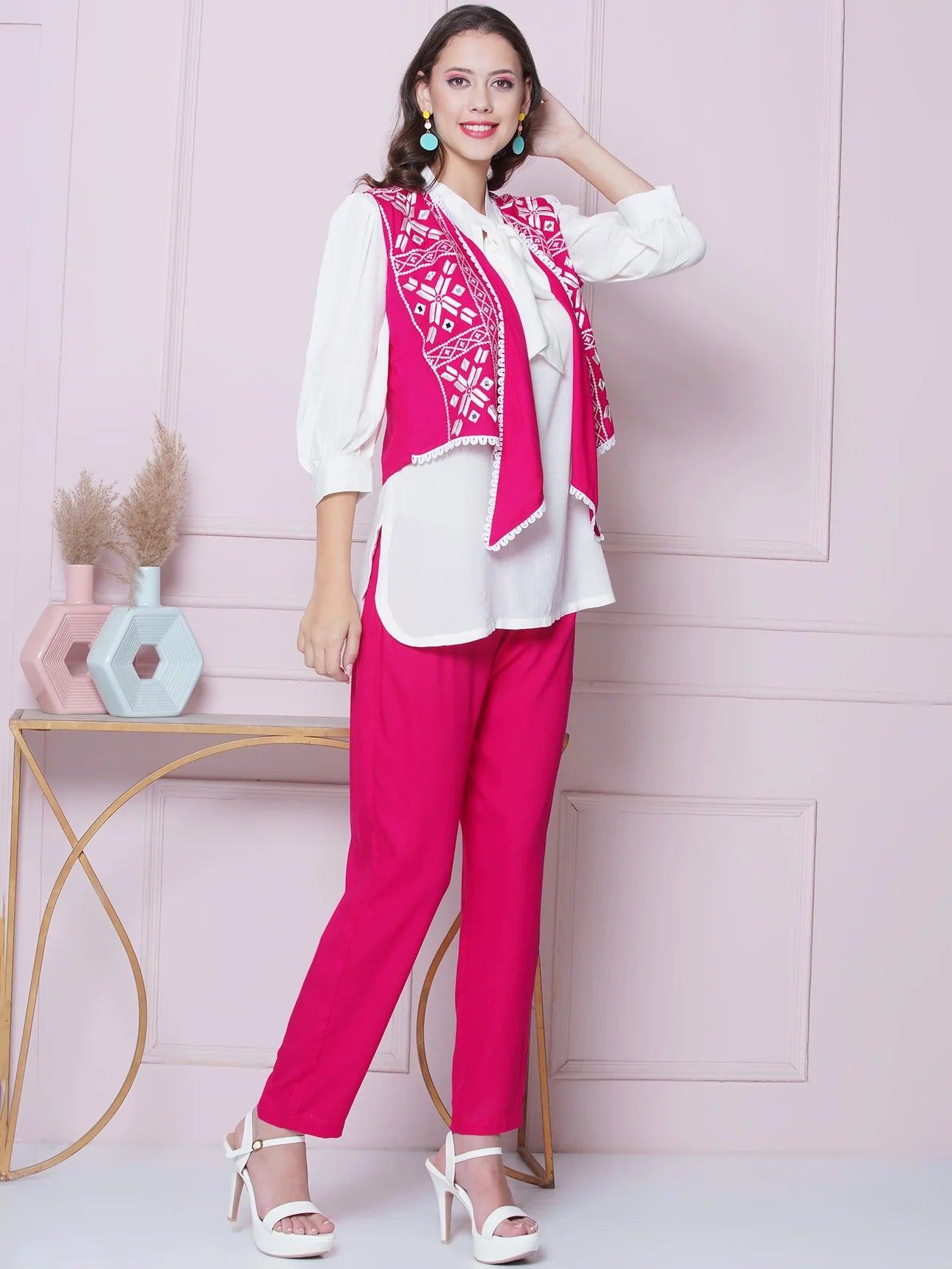 Pink Rayon Slub Embroidered Jacket with shirt and Pant