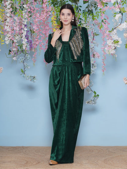 Designer Partywear Green Velvet gown with Hand Embellished Jacket