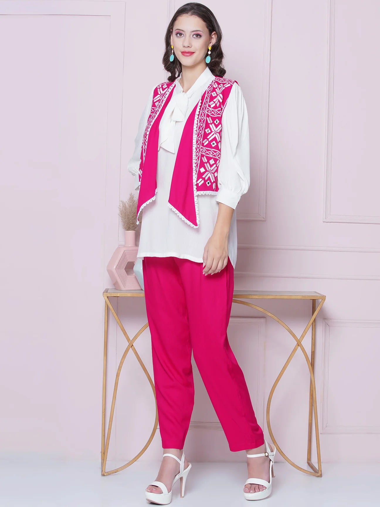 Pink Rayon Slub Embroidered Jacket with shirt and Pant