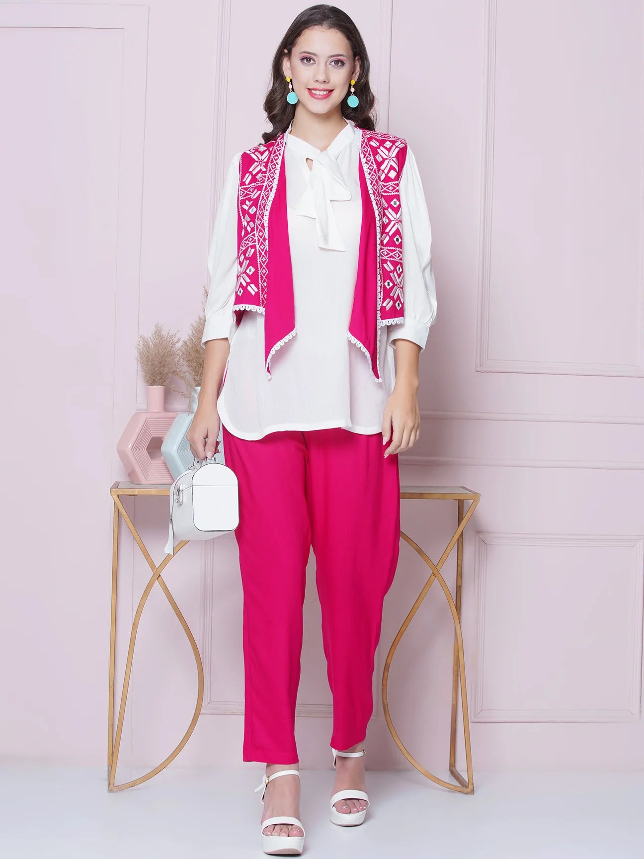 Pink Rayon Slub Embroidered Jacket with shirt and Pant