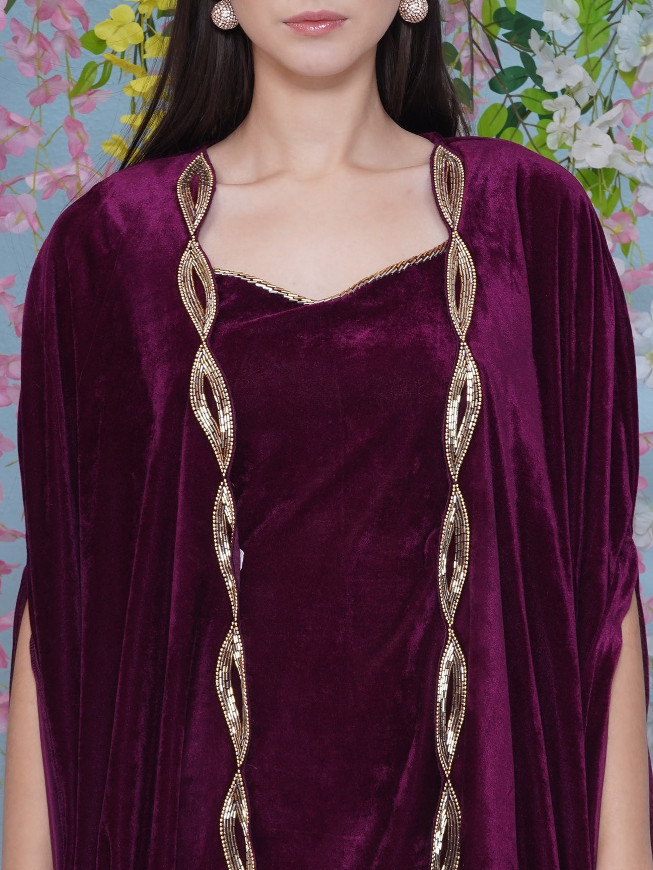 Designer Partywear Wine Velvet Hand Embellished Cape With Inner and Bellbottom Pants