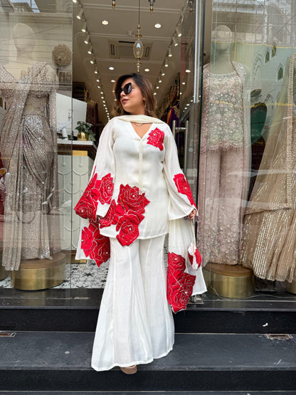 Designer Pure Mul Chanderi Applique and Pearl Work Short Kurta With Flared Sharara Bell Bottoms