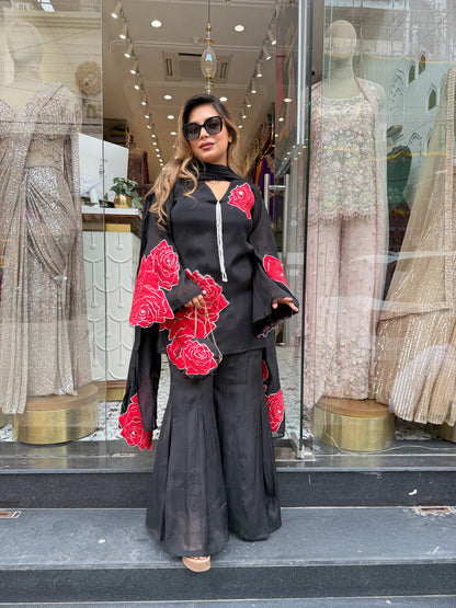 Designer Pure Mul Chanderi Applique and Pearl Work Short Kurta With Flared Sharara Bell Bottoms