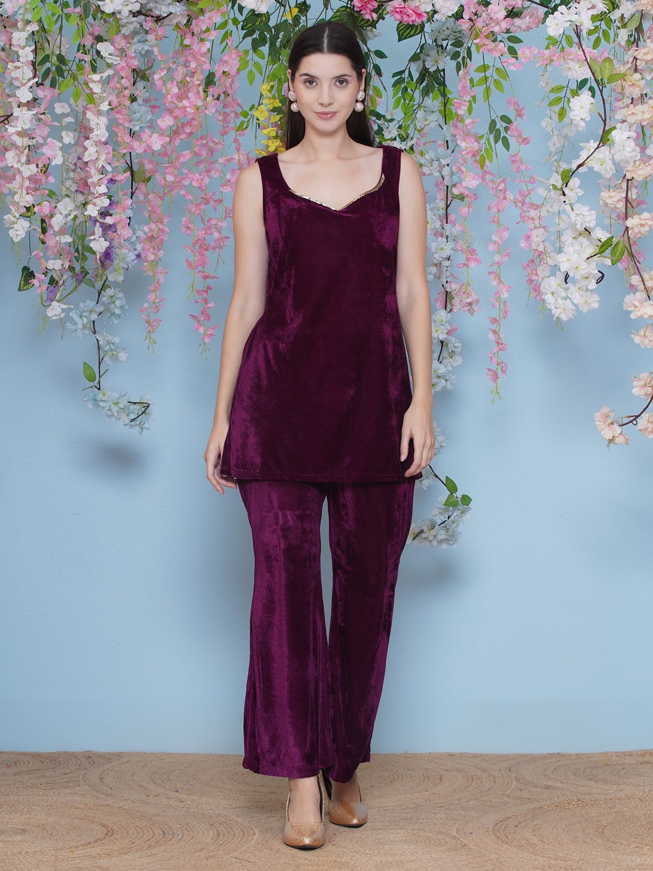 Designer Partywear Wine Velvet Hand Embellished Cape With Inner and Bellbottom Pants