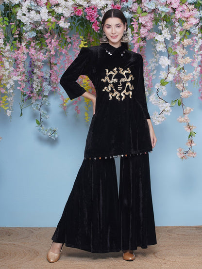 Designer Partywear Black Velvet Hand Embellished Kurta and Sharara Set