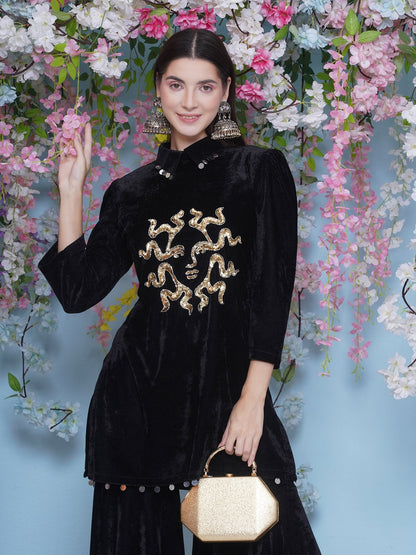 Designer Partywear Black Velvet Hand Embellished Kurta and Sharara Set