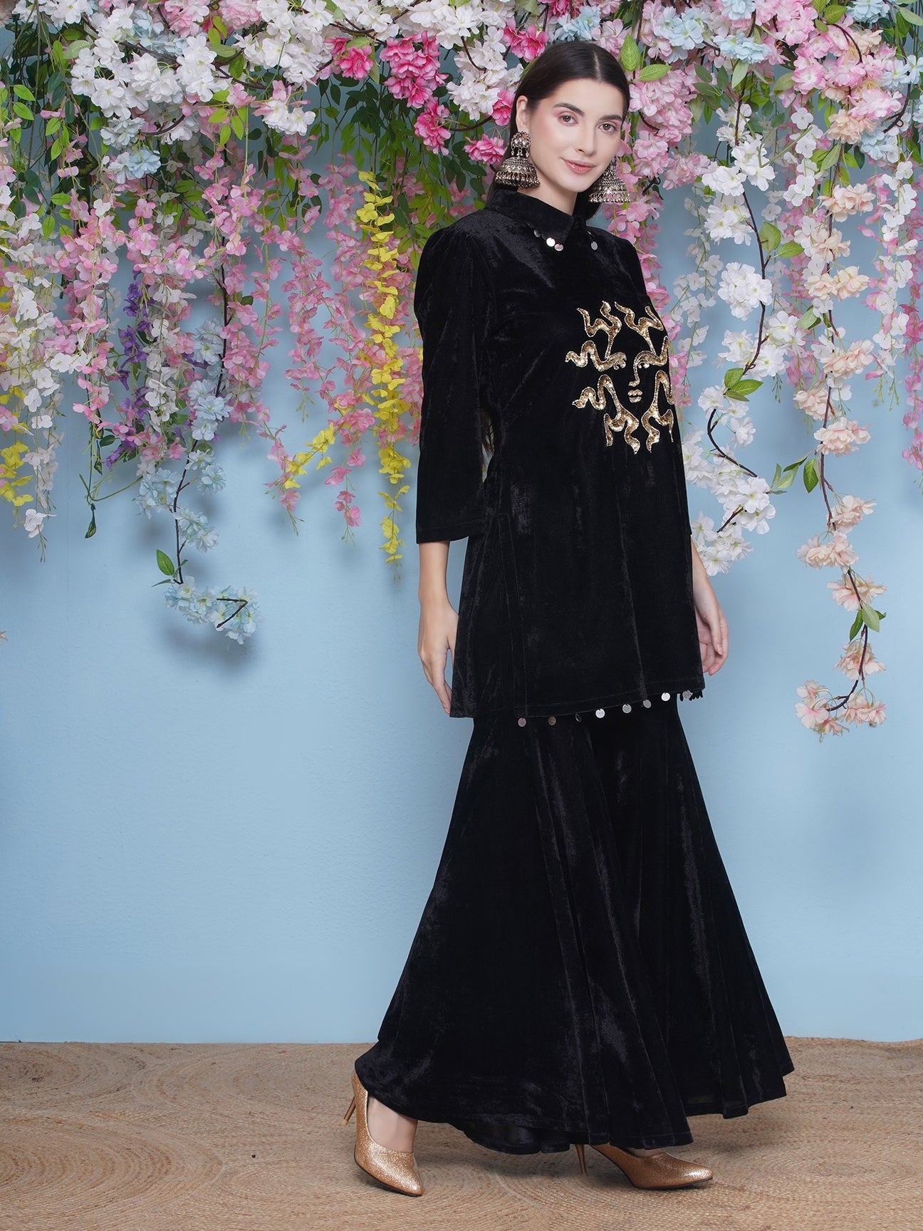 Designer Partywear Black Velvet Hand Embellished Kurta and Sharara Set