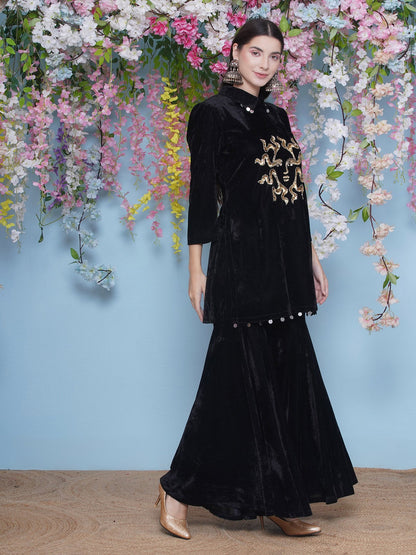 Designer Partywear Black Velvet Hand Embellished Kurta and Sharara Set