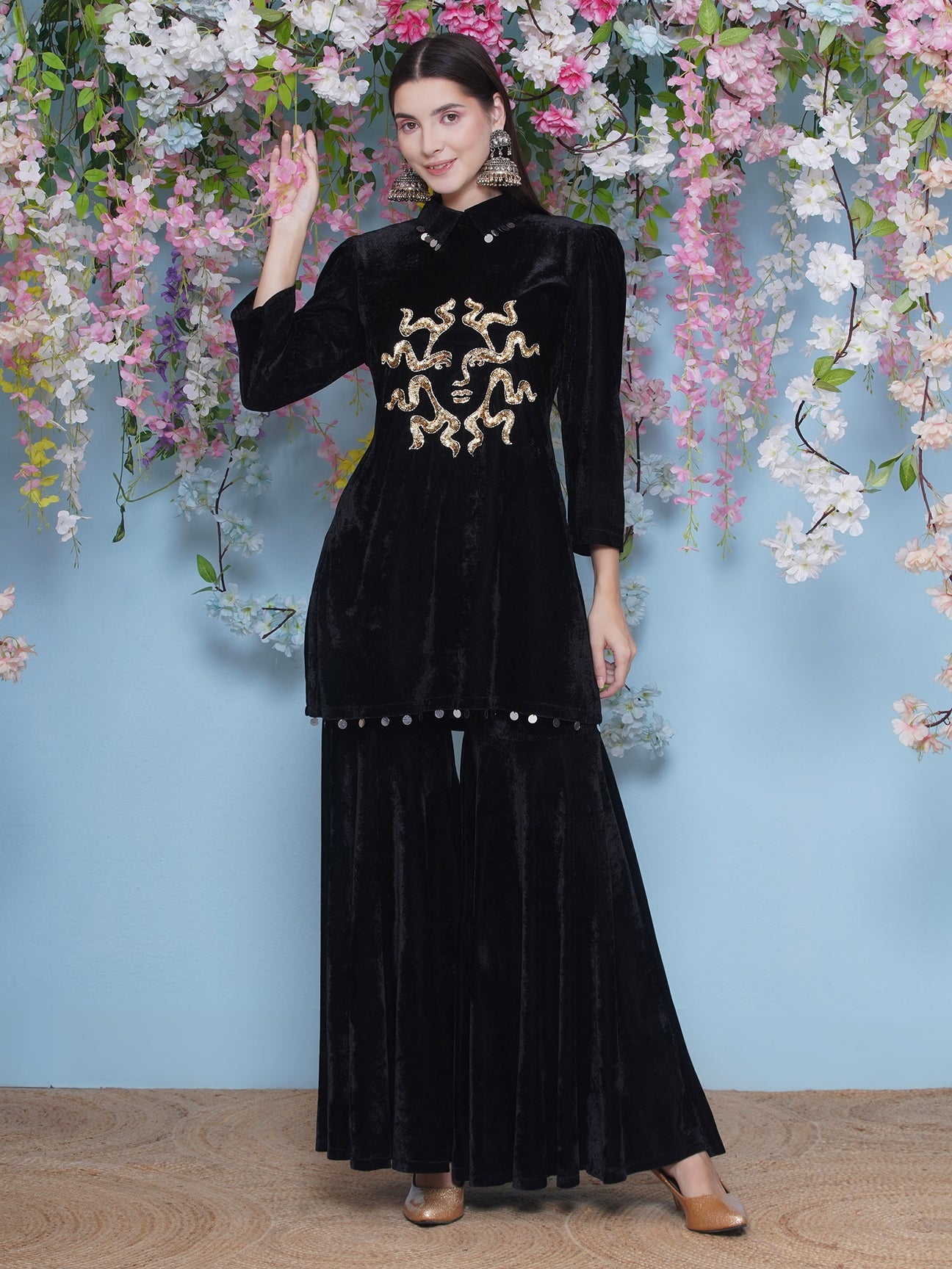 Designer Partywear Black Velvet Hand Embellished Kurta and Sharara Set