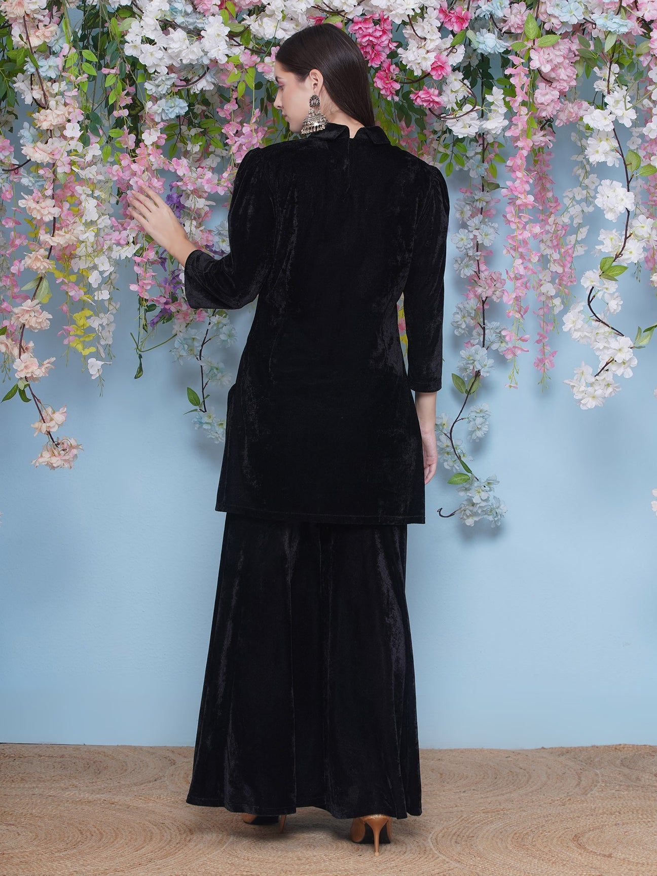 Designer Partywear Black Velvet Hand Embellished Kurta and Sharara Set