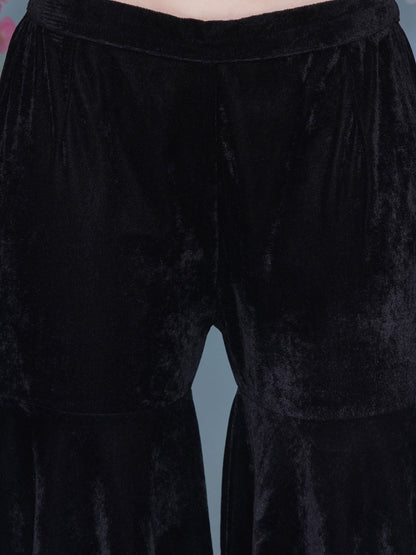 Designer Partywear Black Velvet Hand Embellished Kurta and Sharara Set