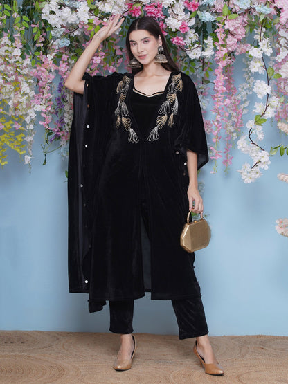 Designer Partywear Black Velvet Hand Embellished Kaftaan withh inner and Pant
