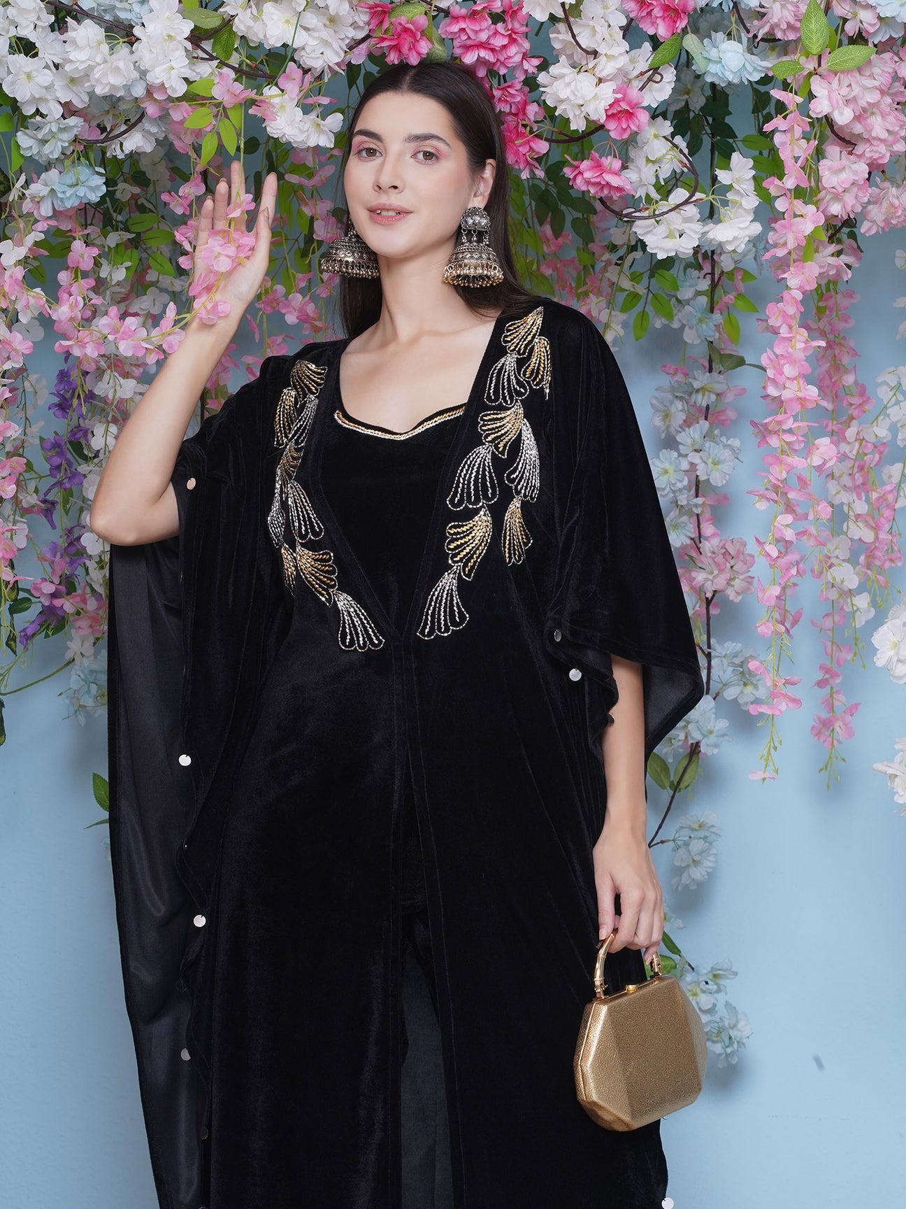 Designer Partywear Black Velvet Hand Embellished Kaftaan withh inner and Pant