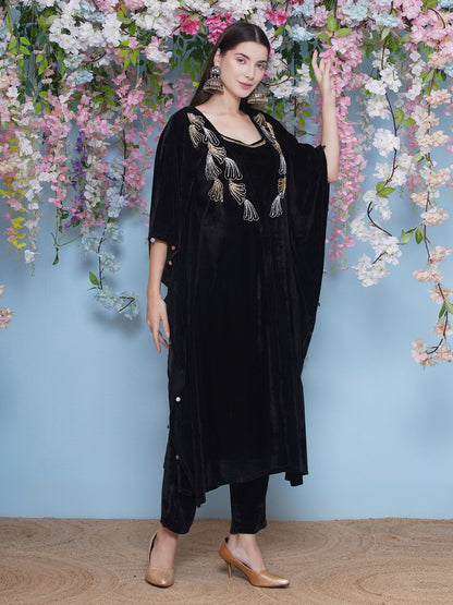 Designer Partywear Black Velvet Hand Embellished Kaftaan withh inner and Pant